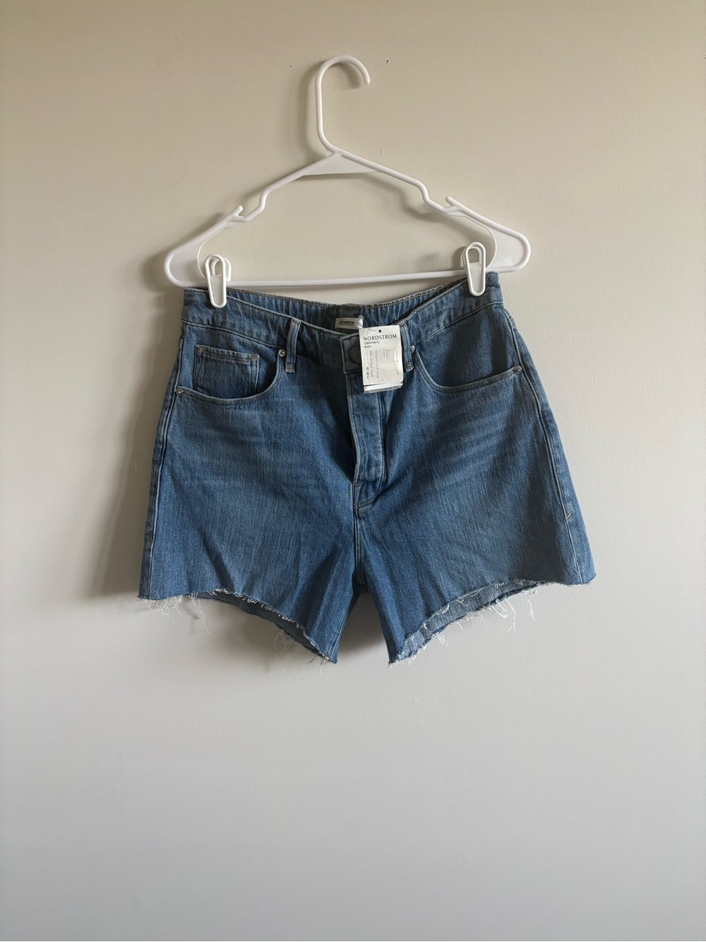 Good American Light Blue High-Rise Cutoff Denim Shorts
